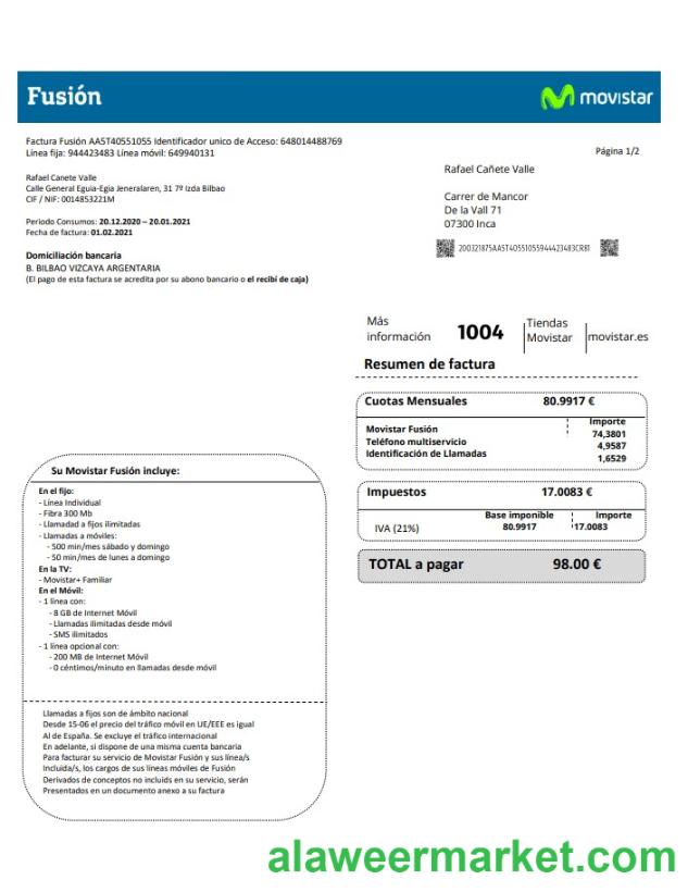 Spain Movistar Fusion telecom operator utility bill document in Word and PDF format